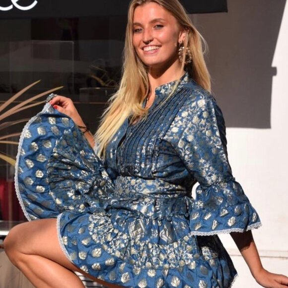 Pep's Cannes Versailles Mini Dress Jacquard Blue Teal Gold Belt Pleated Ruffled - Picture 2 of 16